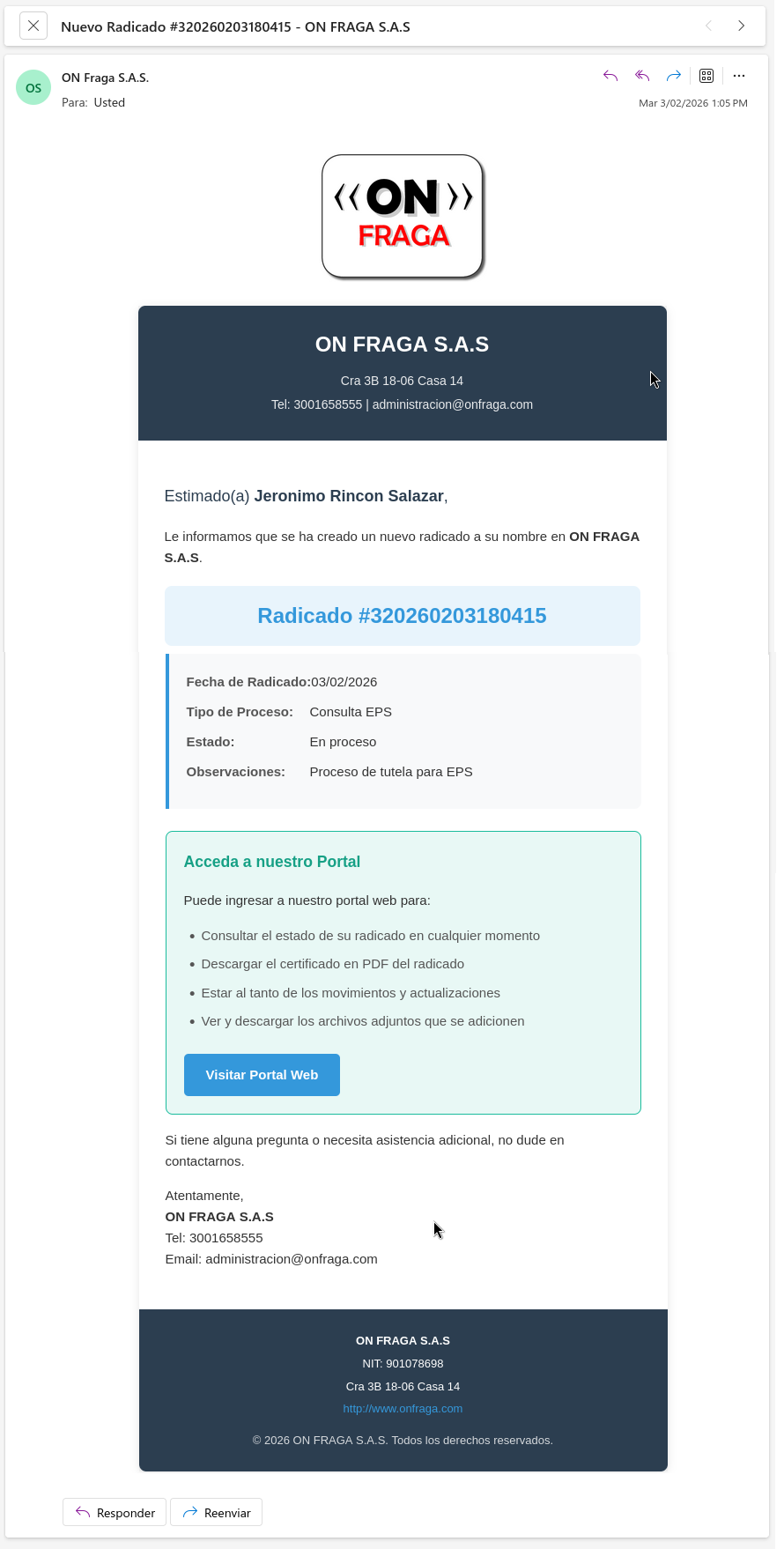 Contenido email radicado